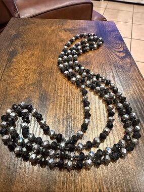 Long Black and Silver Faceted Bead Necklace - Women Jewelry